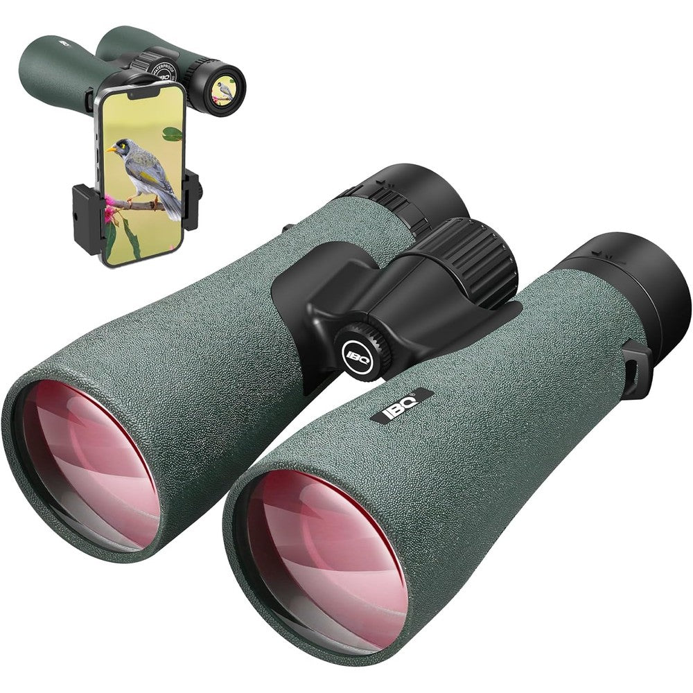 IBQ 12x50 UHD binoculars front view showing green textured rubber body