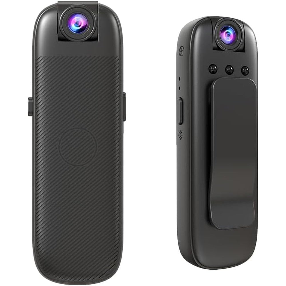 Pabxtatu mini body camera front view showcasing the 180 degree rotatable lens and clothing clip for wearable personal security
