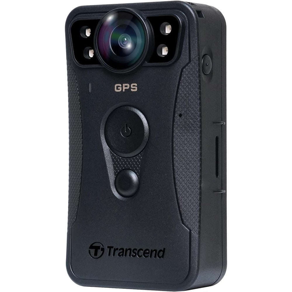 Transcend DrivePro Body 40 rugged wearable camera front view displaying the primary camera lens and infrared light emitting diodes.