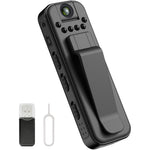 Ahheyie mini body camera front view displaying the one hundred eighty degree rotatable lens and infrared LEDs.
