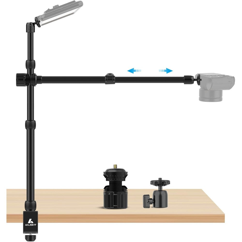 Ailight overhead camera mount desk stand front view showing the premium black aluminum telescopic vertical pole and C-clamp base.