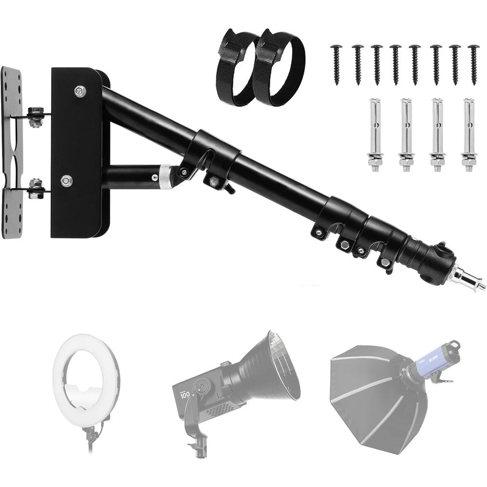 SITTO Ring Light Wall Mount front view showing the heavy duty triangle boom arm extended flat against the wall.