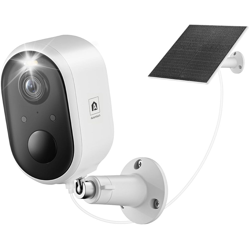 Aurumbach solar security camera outdoor wireless front view showing lens and spotlight