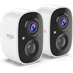 Dzees Outdoor Camera Wireless 2 Pack front view showing the dual camera lenses and sleek white weatherproof housing.
