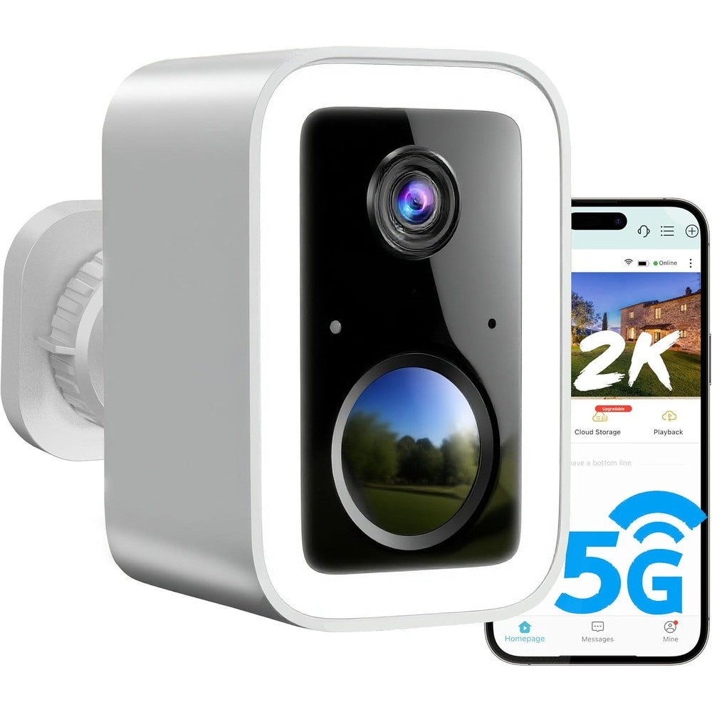 Vebiliki 2K wireless outdoor security camera front view showcasing the high definition lens ring light and white rectangular housing