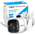Tapo 2K QHD outdoor wired security camera front view showcasing dual spotlights and starlight sensor lens configuration.