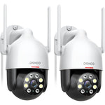 DEKCO 2K WiFi Outdoor Security Cameras front view showcasing the dual lens and white floodlight array for residential surveillance.
