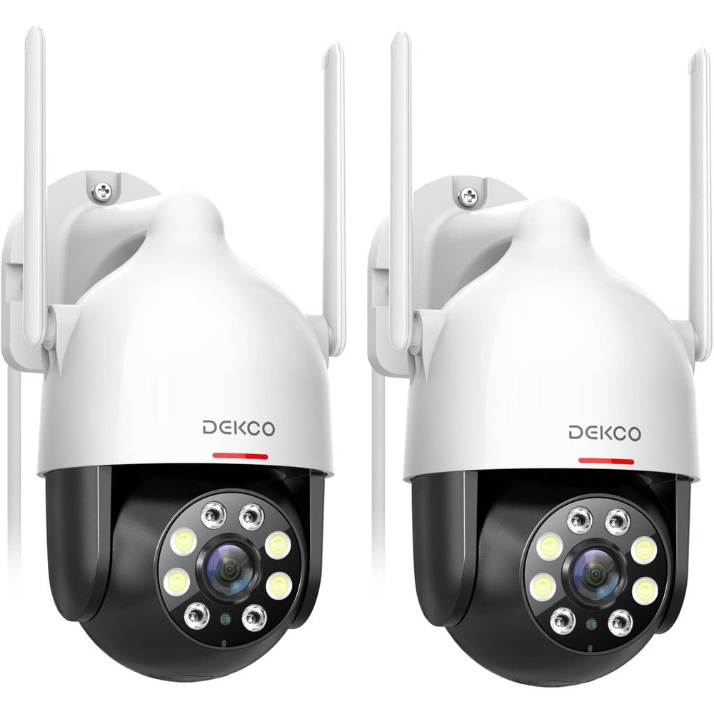 DEKCO 2K WiFi Outdoor Security Cameras front view showcasing the dual lens and white floodlight array for residential surveillance.
