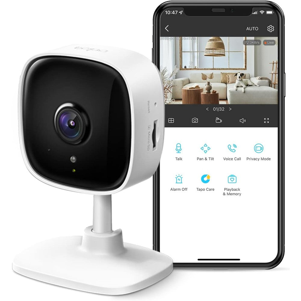 TP-Link Tapo C110 2K indoor security camera front view showcasing compact design and lens.
