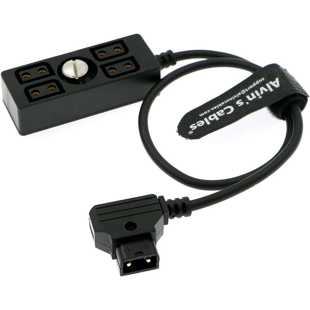Alvins Cables D-Tap Male To 4 Port Female Power Splitter Hub front view.