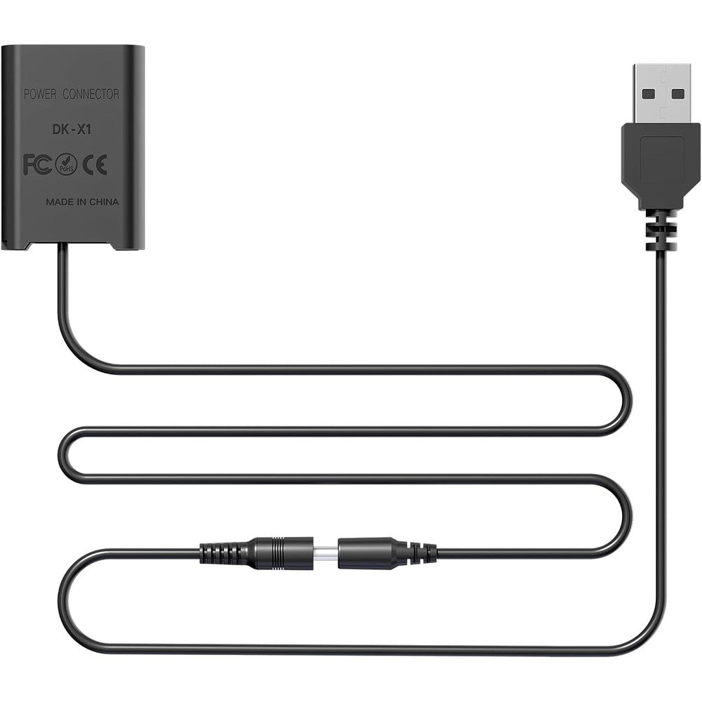 F1TP NP-BX1 dummy battery kit showing the DK-X1 DC coupler and attached USB power cable for Sony cameras.