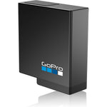 GoPro rechargeable camera battery front view showing official logo and sleek black design.
