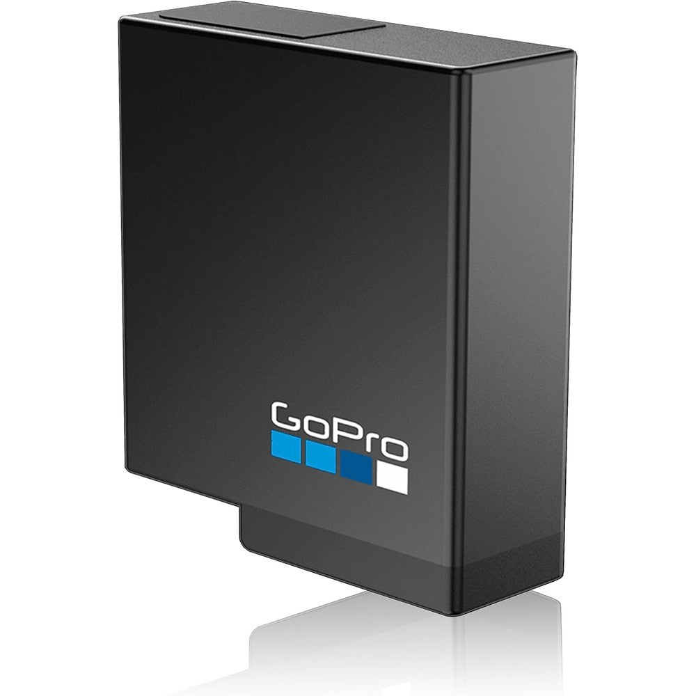 GoPro rechargeable camera battery front view showing official logo and sleek black design.