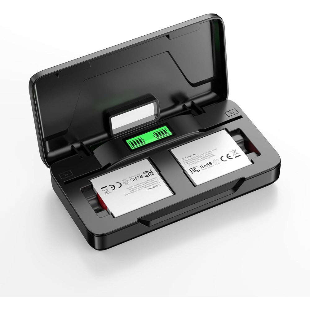 FirstPower NP-BG1 battery charger set front view showing two replacement batteries