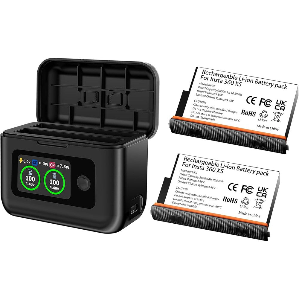 Gaekol Runpower Insta360 X5 replacement batteries and dual fast charging hub front view showing LCD screen power indicators.