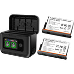 Gaekol Runpower Insta360 X5 replacement batteries and dual fast charging hub front view showing LCD screen power indicators.