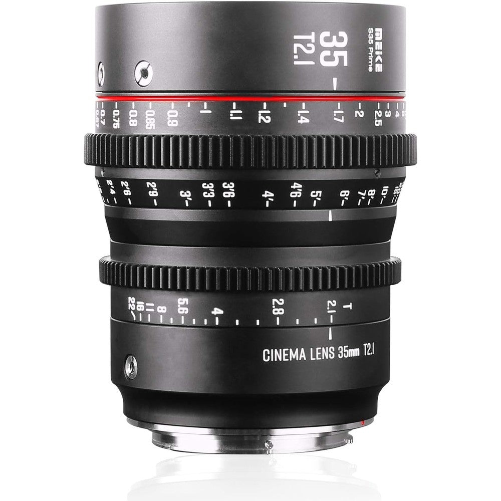 Meike 35mm T2.1 S35 manual focus cinema lens front view showing premium multi-coated optics