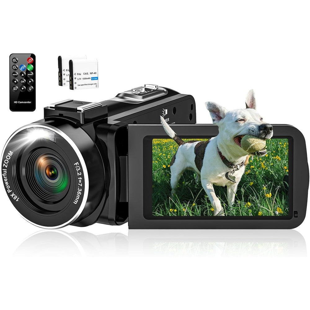 Seree 2.7K 48MP vlogging camcorder front view with flip screen open