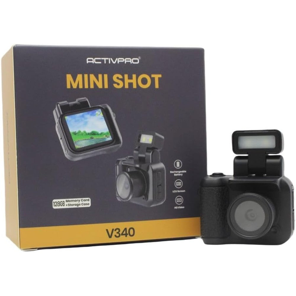 ActivPro Mini Shot V340 digital camera front view with travel case.