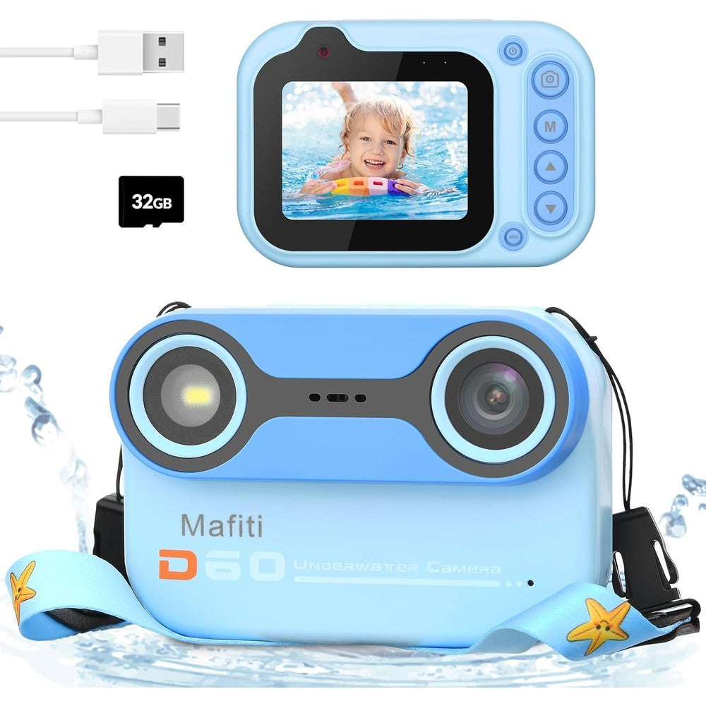 Mafiti Kids Waterproof Digital Camera With 32GB Card For Underwater Photography 1080P HD Video And 26MP Photos Blue - Image 1