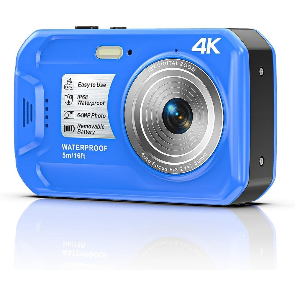 SiSuSy 4K 64MP Underwater Camera in blue front view for snorkeling