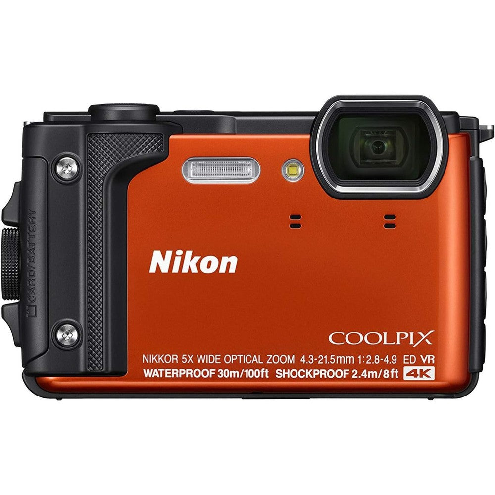 Nikon Coolpix W300 rugged waterproof camera in vibrant orange front view