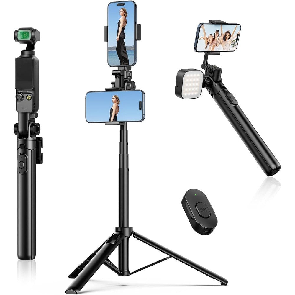Ulanzi MT-70 extendable tripod front view showing the dual phone mount setup.