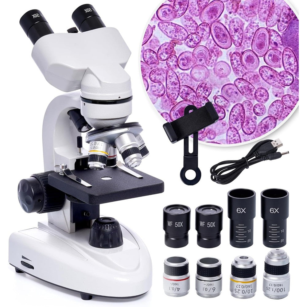Velamnia LED Binocular Compound Microscope front view showing white metal body and mechanical stage.