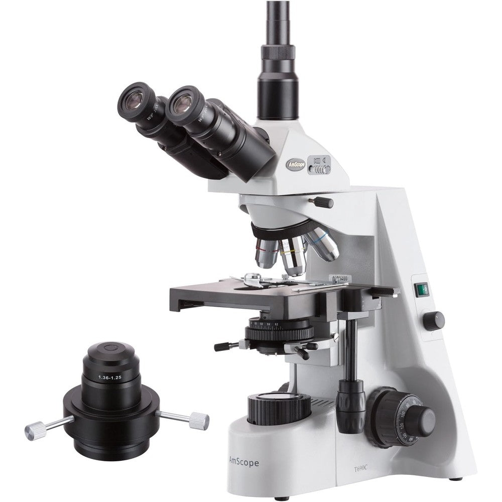 AmScope T690C-DKO professional infinity trinocular darkfield microscope front view showing objectives and stage.