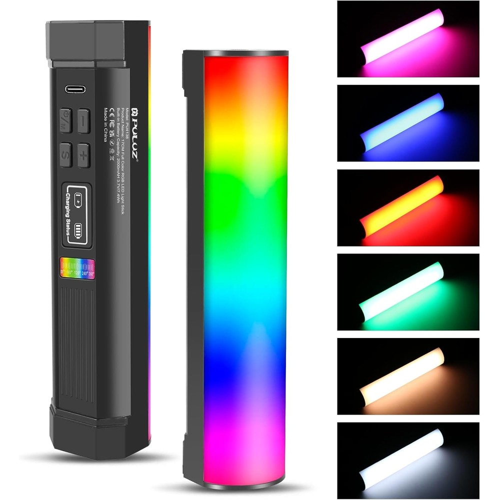 PULUZ photography lighting handheld light wand front view showing vibrant RGB LED colors.