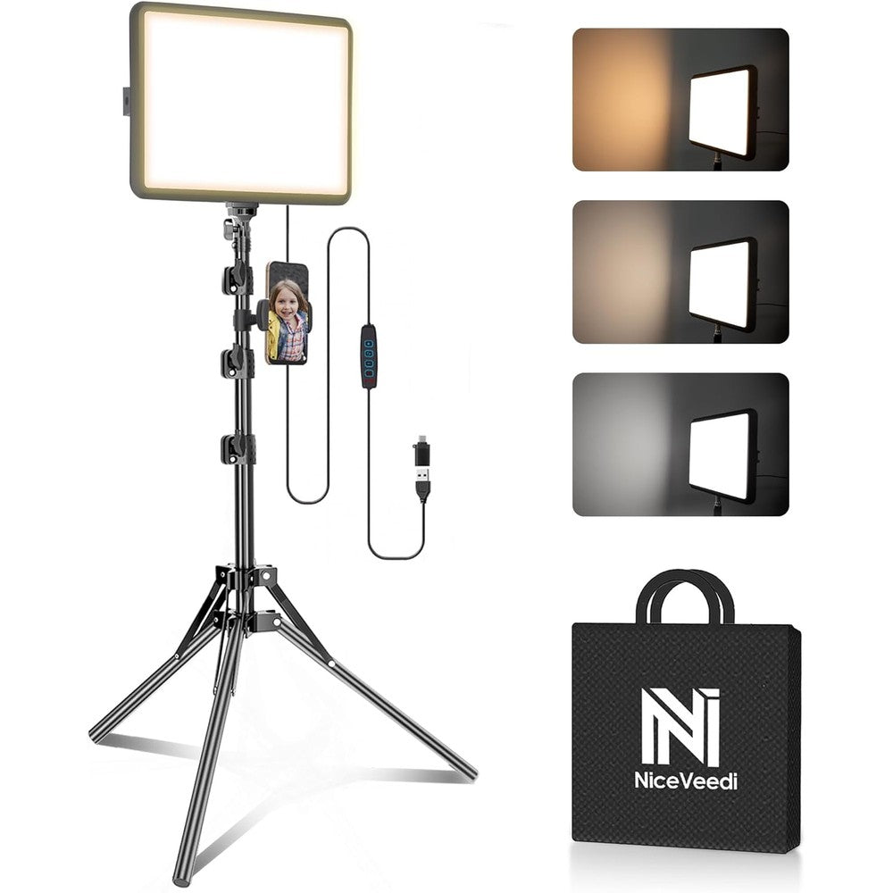 NiceVeedi photography lighting kit front view showing the illuminated LED panel on the extended tripod stand
