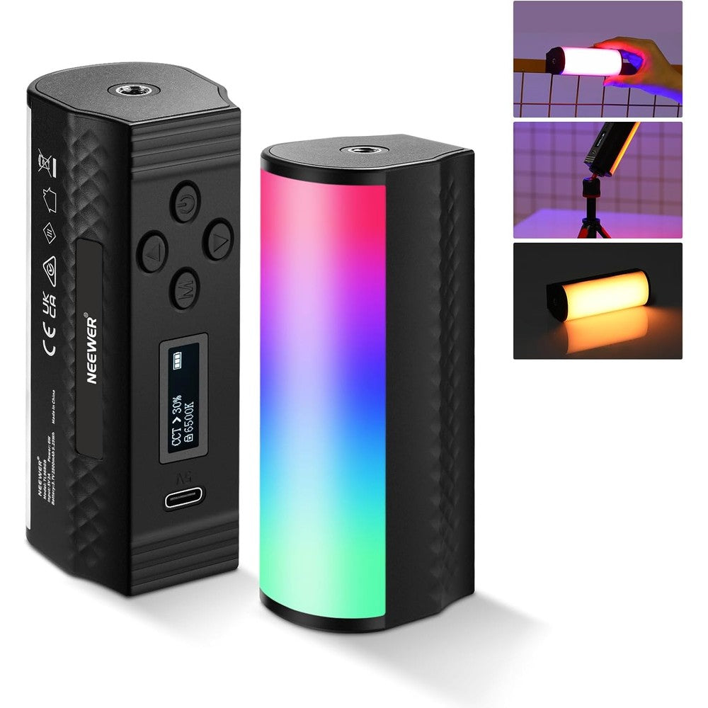 Neewer Basic Magnetic Handheld Light Wand front view displaying the vibrant full RGB LED panel illumination