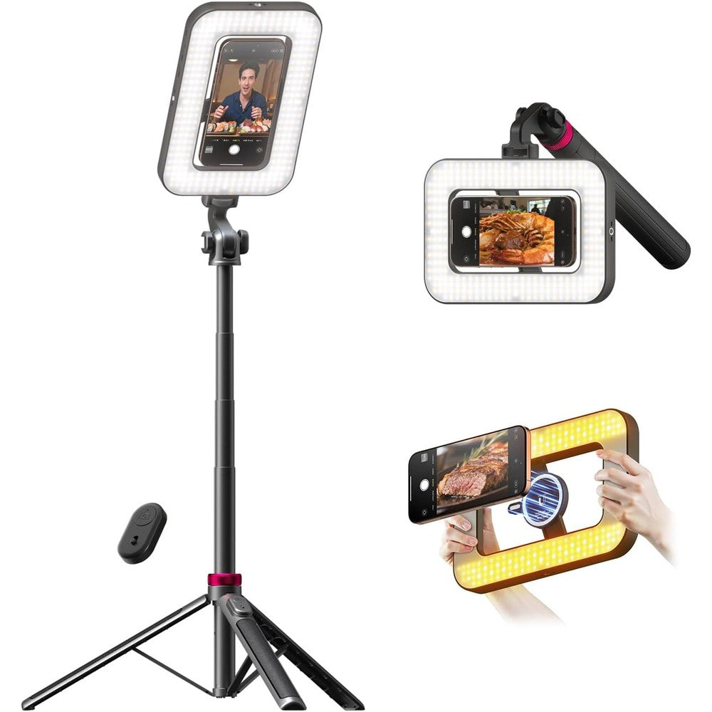 LUXSURE magnetic phone tripod front view showcasing the integrated fifteen watt ring light panel and sturdy aluminum base.