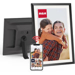 RCA WiFi digital picture frame front view displaying colorful family portrait