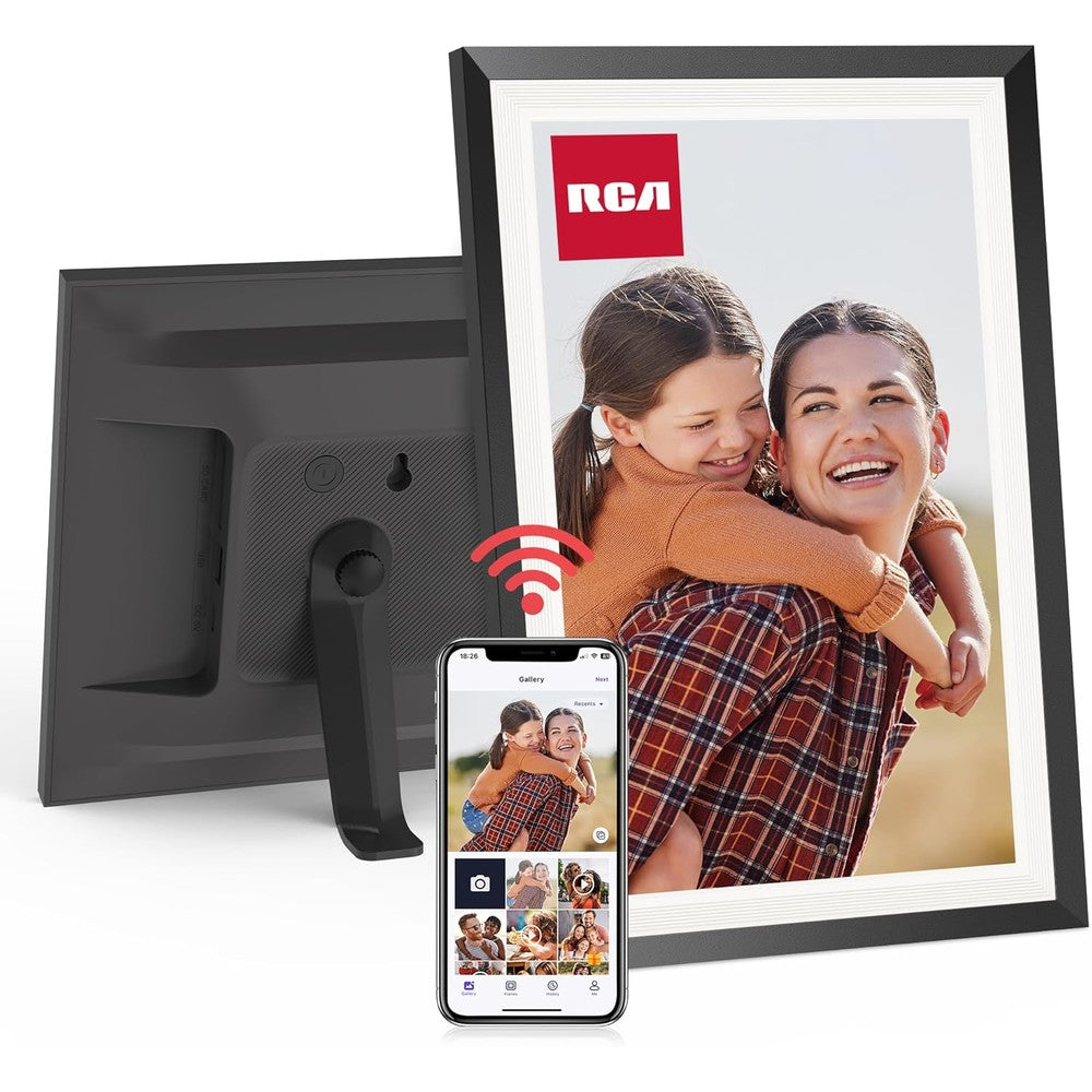 RCA WiFi digital picture frame front view displaying colorful family portrait