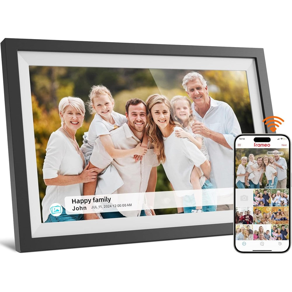 Nettips 10.1 Inch Frameo Digital Photo Frame front view displaying a vibrant family portrait on the high definition touch screen.