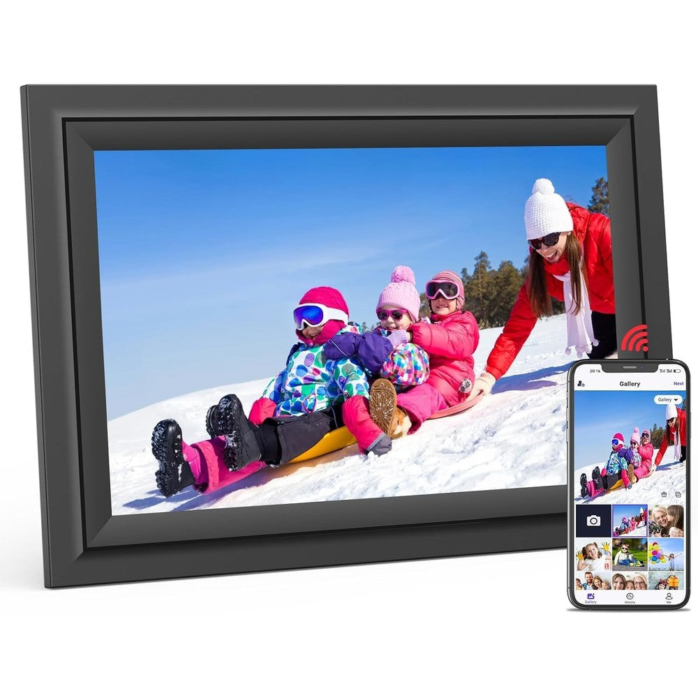 SAMMIX digital picture frame 10 inch front view displaying vivid family portrait on a tabletop