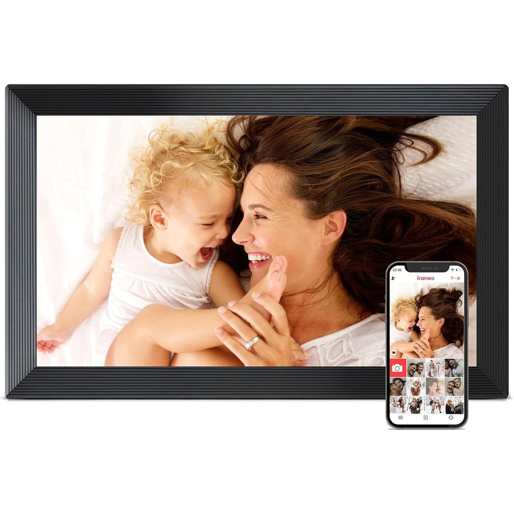 FLYRUIT digital photo frame front view showing the 15.6 inch touchscreen display.