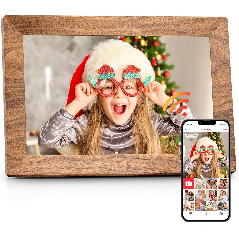BIGASUO Frameo 10.1 inch digital picture frame front view showing the dark wood grain finish and vibrant HD touchscreen display.