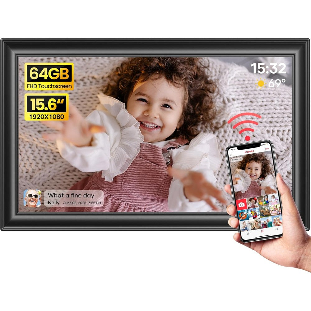 BIGASUO 15.6 inch Frameo digital picture frame front view showcasing vibrant family photo on display screen.