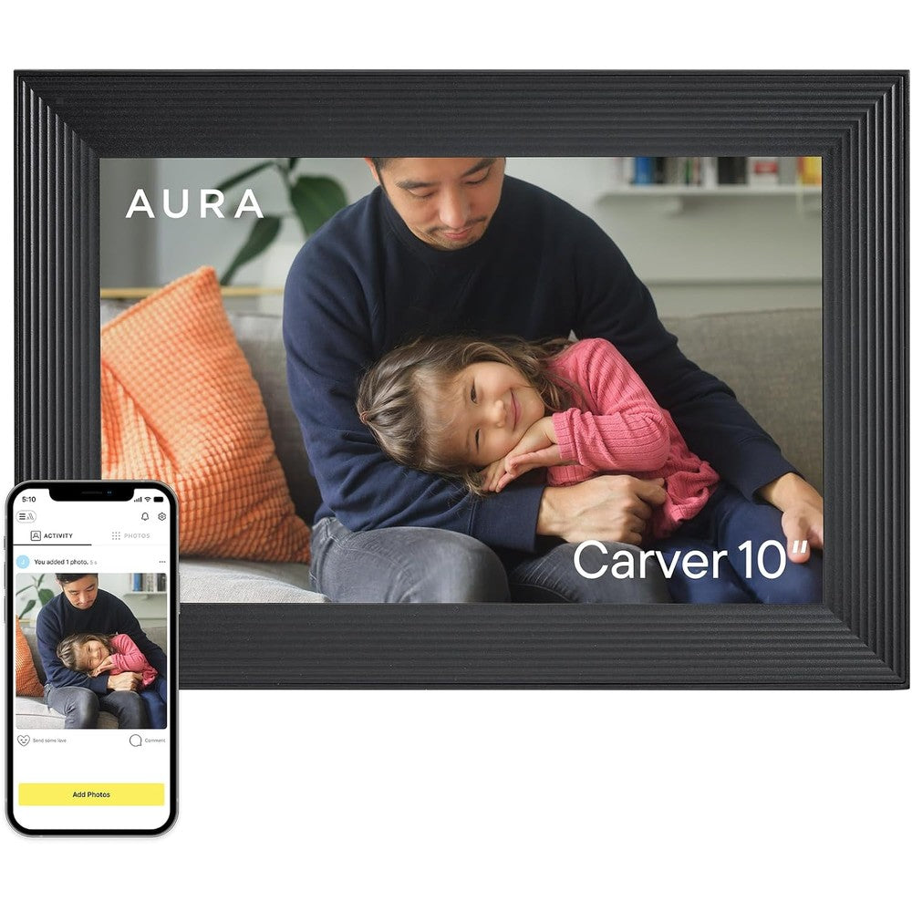 Aura Carver 10.1 inch digital picture frame front view showing crisp landscape display screen.