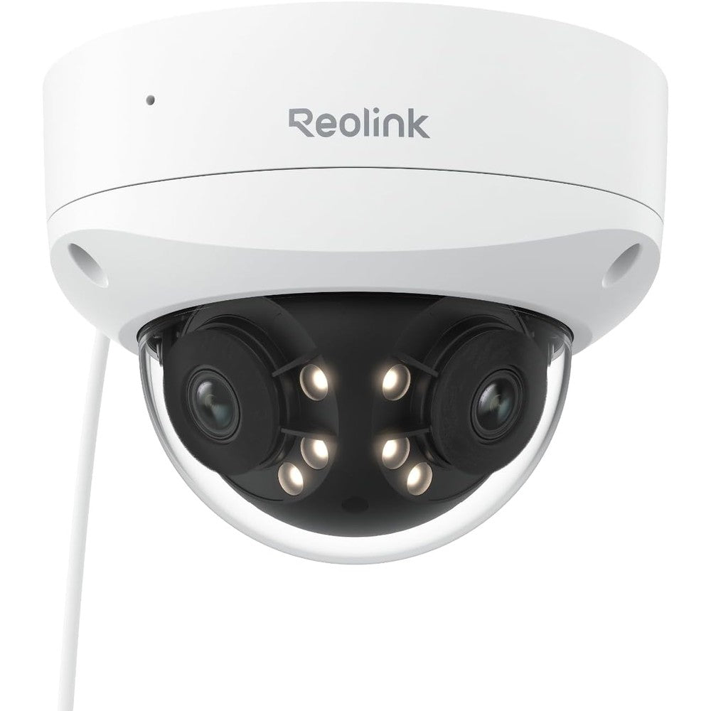 Reolink 4K 8MP dual lens PoE camera front view displaying dual lenses and spotlights for panoramic security monitoring
