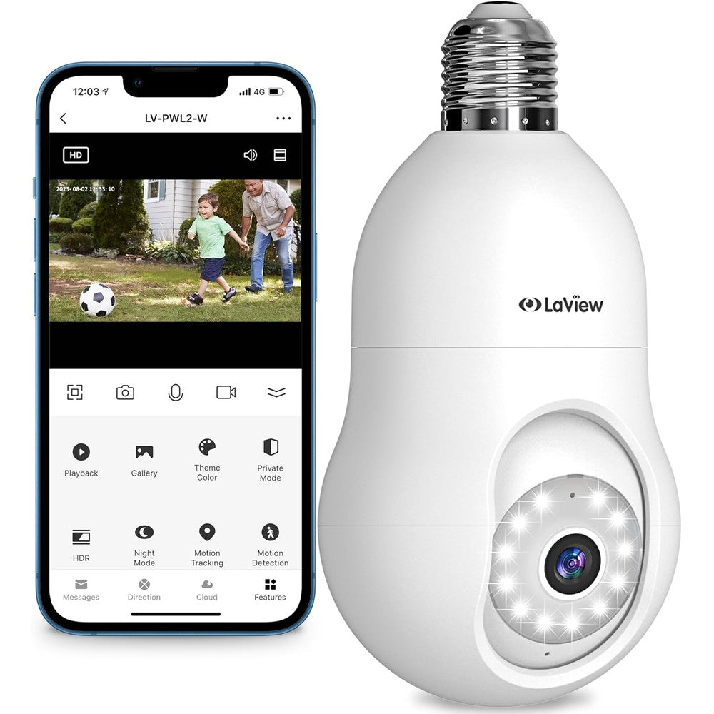 LaView 4MP Bulb Security Camera front view showing the E27 base and premium camera lens