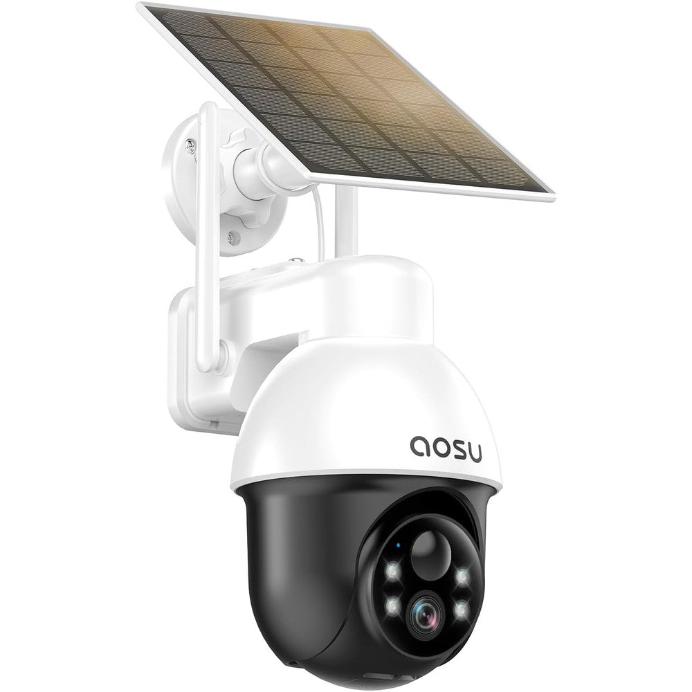 Aosu solar security camera wireless outdoor front view showcasing white pan tilt zoom dome design
