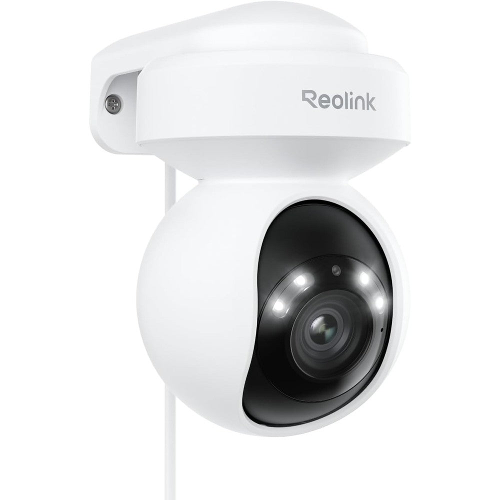 Reolink E1 Outdoor Pro 4K security camera front view showcasing the white compact design and dual lenses.