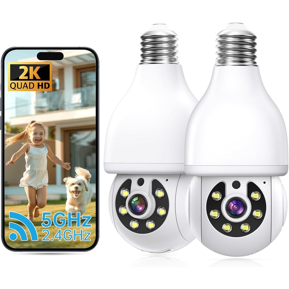 NoahTec 2K Light Bulb Security Camera front view showing the dual-band WiFi lens and light socket base.