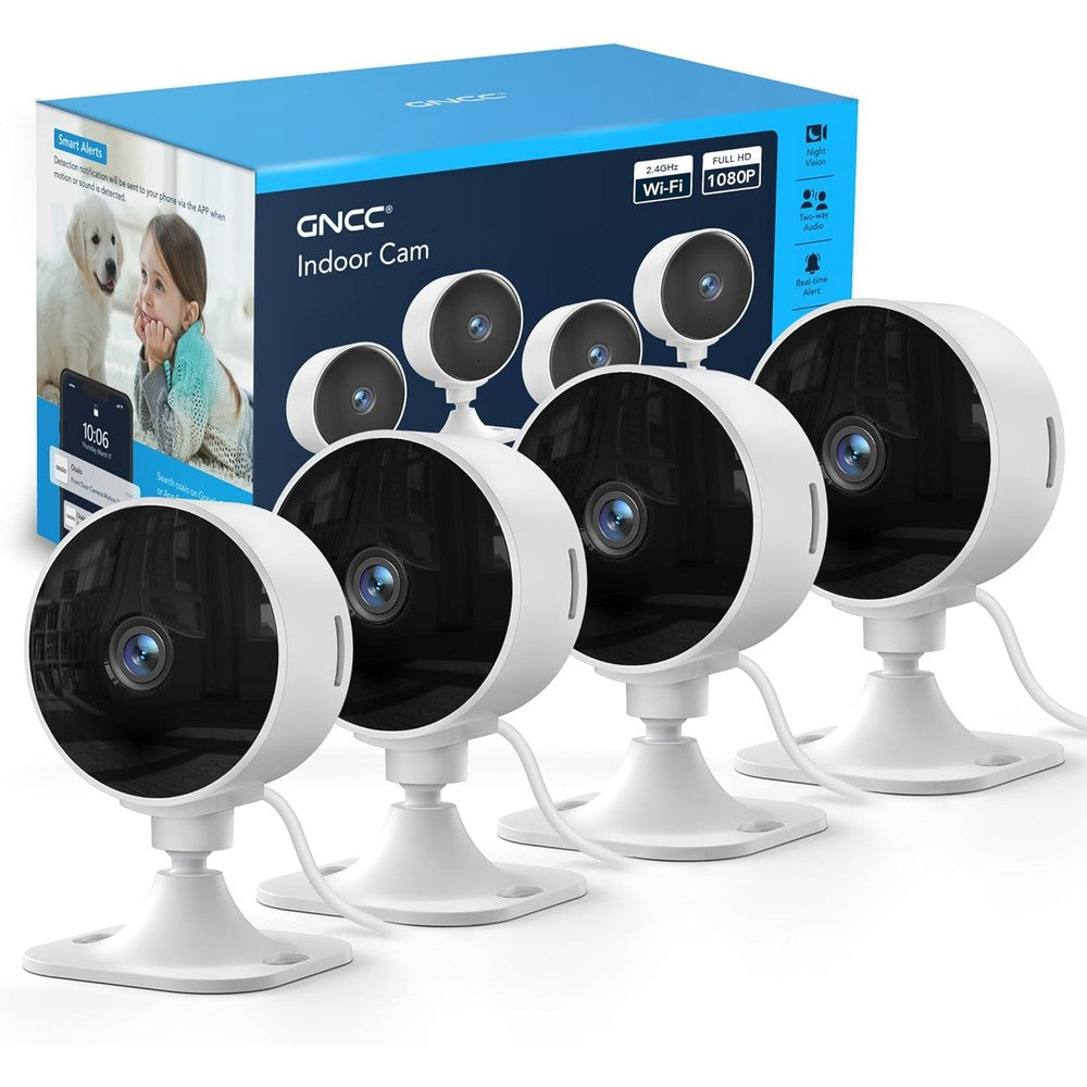 GNCC indoor security camera four pack front view showing the lens and compact minimalist white design
