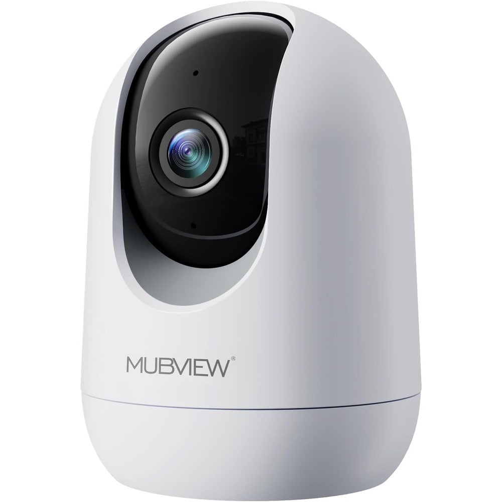MUBVIEW 2K indoor security camera front view showcasing the white body and black swiveling lens