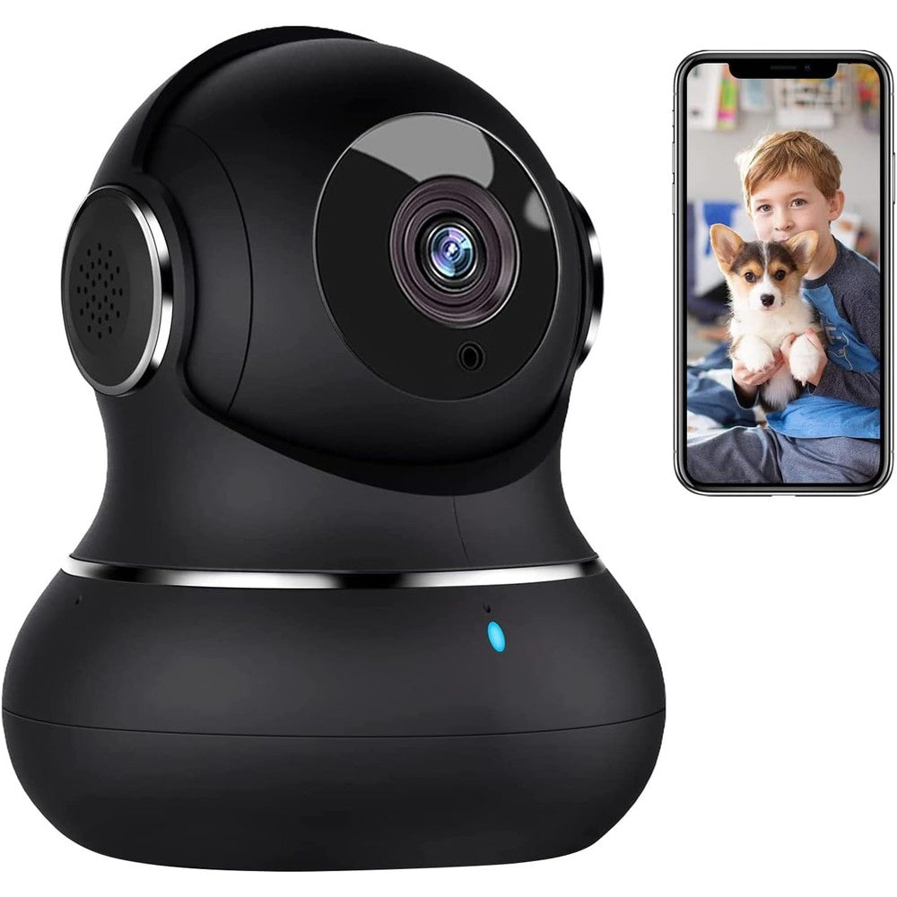 Litokam 2K indoor security camera front view showcasing sleek black design