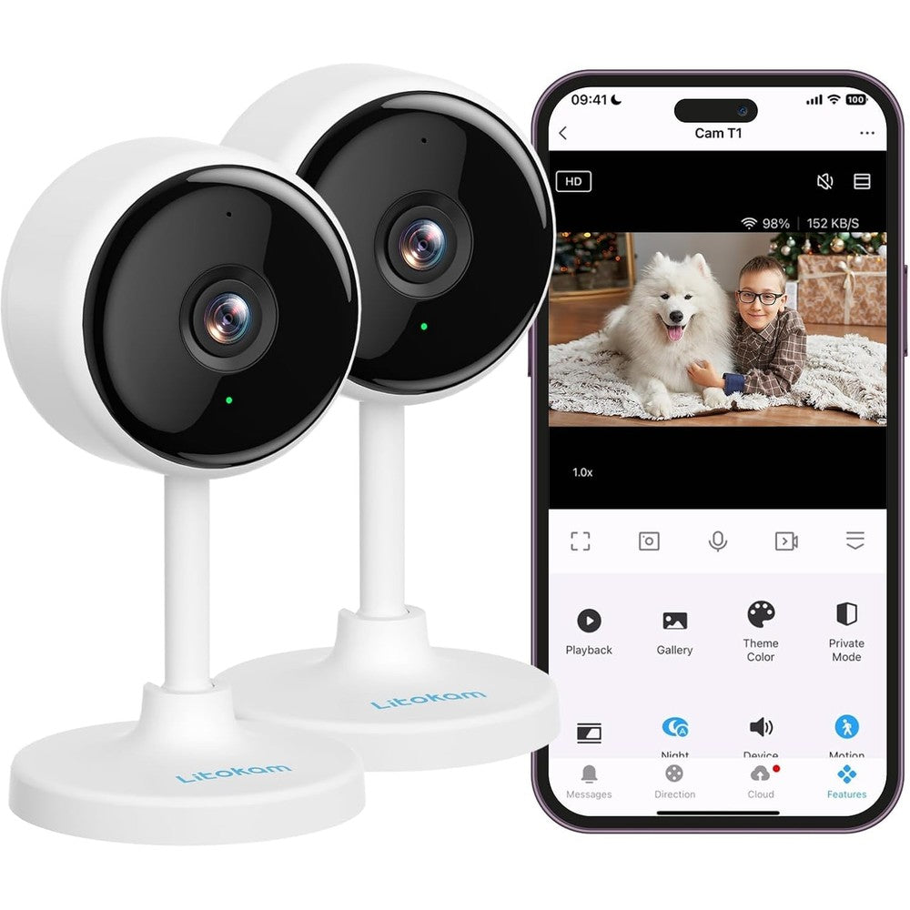 Litokam indoor security camera 2 pack front view showcasing sleek white design for home safety